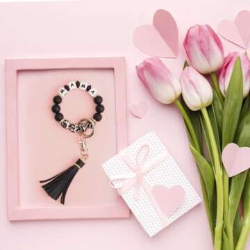 BAOSIWA Gifts for Mom-Silicone Beaded Mama Bracelet Keychain Black Leopard Wristlet Key Ring Bangle Chains Mothers Day Gifts for Mom from Daughter Son