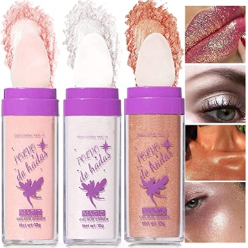 3 Colors Polvo De Hadas Highlighter Powder Stick Set, Trio Shimmer Glitter Patting Highlight Puff, G...