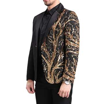 Boyland Men's Tux Dress Blazer Gold Sequins Floral Suit Party Dinner Prom Slim Fit Stylish Blazer Sport Coat