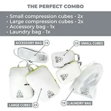 Beeyond Compression Packing Cubes Set - 6 Pieces for Travel and Luggage Organization, Includes Large & Small Cubes, Accessories Bag, and Laundry Bag (Green and White)