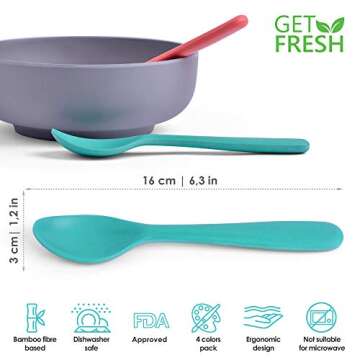 GET FRESH Bamboo Kids Spoons Set – 4-pack Colorful Bamboo Kids Cutlery for Everyday Use – Reusable Bamboo Fiber Kids Spoons for Baby Feeding – Large Bamboo Utensils for Toddlers and School Children
