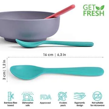 GET FRESH Bamboo Kids Spoons Set – 4-pack Colorful Bamboo Kids Cutlery for Everyday Use – Reusable Bamboo Fiber Kids Spoons for Baby Feeding – Large Bamboo Utensils for Toddlers and School Children
