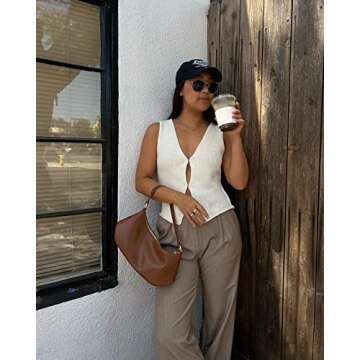 Women Y2k Crochet Vest Top Vintage Solid Color V Neck Sleeveless Button Down Crop Tops Streetwear (A White, M)