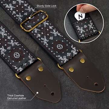Nefelibata Guitar Strap,Jacquard Embroidery Cotton Guitar Straps with Crazy Horse Leather Ends for Bass, Electric & Acoustic, Best Gifts for Kids, Guitarists(Brown flower embroidery)