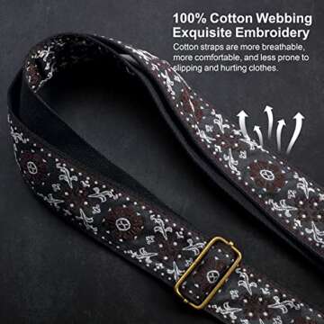 Nefelibata Guitar Strap,Jacquard Embroidery Cotton Guitar Straps with Crazy Horse Leather Ends for Bass, Electric & Acoustic, Best Gifts for Kids, Guitarists(Brown flower embroidery)