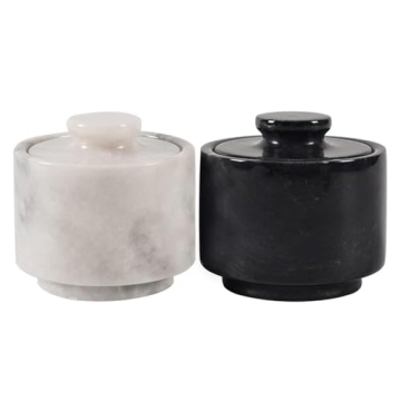 MARBLOUS KRAFTS Marble Salt Cellar 3" Inch White and Black Salt Holder with Lid for Kitchen Table D?...