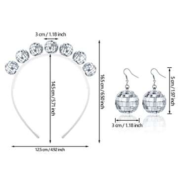 Hicarer 1970s Disco Accessories Women Costume Set Disco Ball Headband Earrings, Silver 70s Vintage P...