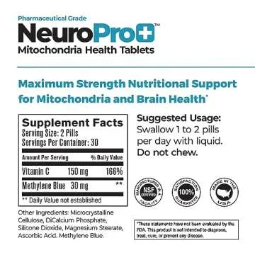 Best 365 Labs NeuroPro+ Maximum Strength Mitochondria Health Tablets - Methylene Blue and Vitamin C - Fast Acting Neuro Support - Improve Focus and Memory - 60 Tablets