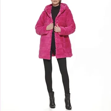 Kenneth Cole Women's Faux Fur Coat Hooded Mink Hot Pink