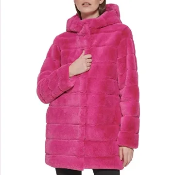 Kenneth Cole Women's Faux Fur Coat Hooded Mink Hot Pink