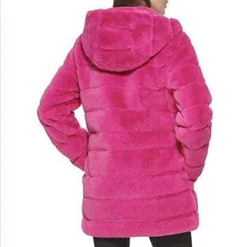 Kenneth Cole Women's Faux Fur Coat Hooded Mink Hot Pink