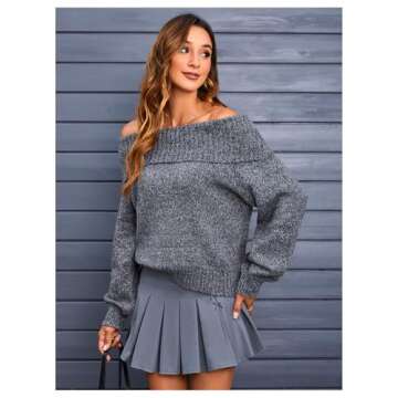MakeMeChic Women's Off The Shoulder Sweater Oversized Long Sleeve Off Shoulder Sweaters Tops Dark Grey Large
