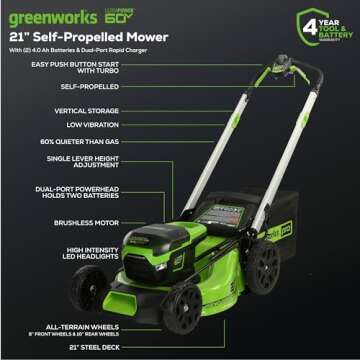 Greenworks 60V 21” Cordless (Self-Propelled) Lawn Mower (LED Lights + Aluminum Handles), 2 x 4.0Ah...