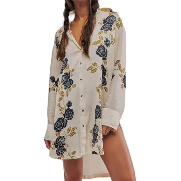 Loafawes Women's Button Down Floral Print Shirt Dress Fall Fashion Long Sleeve Oversized Lightweight...