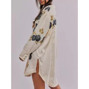 Loafawes Women's Button Down Floral Print Shirt Dress Fall Fashion Long Sleeve Oversized Lightweight Blouses Tops White
