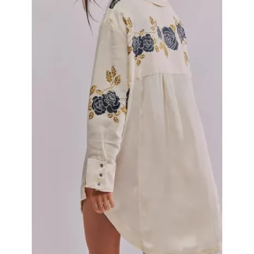 Loafawes Women's Button Down Floral Print Shirt Dress Fall Fashion Long Sleeve Oversized Lightweight Blouses Tops White