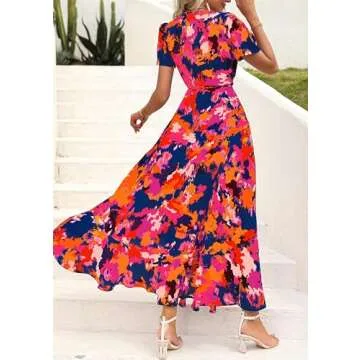 PRETTYGARDEN Women's Summer Wrap Maxi Dress Casual Boho Floral V Neck Short Sleeve Ruffle Hem Split ...