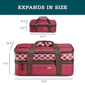 Rachael Ray Expandable Insulated Casserole Carrier for Hot or Cold Food, Thermal Lasanga Lugger Tote for Pockluck, Parties, Picnic, and Cookouts, Fits 9" x 13" Baking Dish, Burgundy