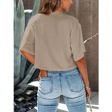 Tankaneo Women Half Sleeve Cropped T-Shirts Drop Shoulder Round Neck Crop Tops Casual Summer Solid Color Basic Tees