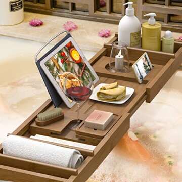 Bath Caddy Tray for Bathtub - Bamboo Adjustable Organizer Tray for Bathroom with Free Soap Dish Suitable for Luxury Spa or Reading(Walnut)