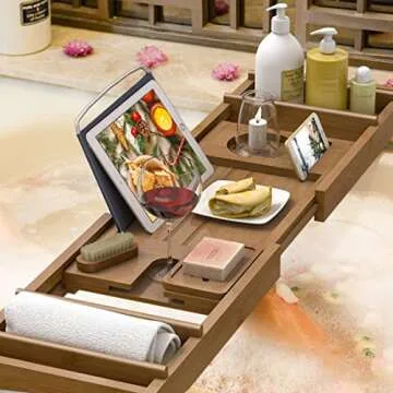 Bath Caddy Tray for Bathtub - Bamboo Adjustable Organizer Tray for Bathroom with Free Soap Dish Suitable for Luxury Spa or Reading(Walnut)