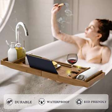 Bath Caddy Tray for Bathtub - Bamboo Adjustable Organizer Tray for Bathroom with Free Soap Dish Suitable for Luxury Spa or Reading(Walnut)