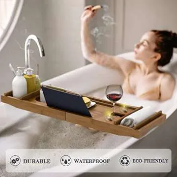 Bath Caddy Tray for Bathtub - Bamboo Adjustable Organizer Tray for Bathroom with Free Soap Dish Suitable for Luxury Spa or Reading(Walnut)