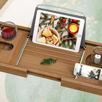 Bath Caddy Tray for Bathtub - Bamboo Adjustable Organizer Tray for Bathroom with Free Soap Dish Suitable for Luxury Spa or Reading(Walnut)