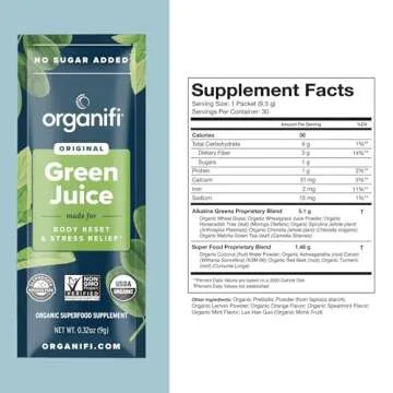 Organifi: GO Packs - Green Juice - Organic Superfood Supplement Powder - 30 Travel Packs - Organic Vegan Greens - Hydrates and Revitalizes
