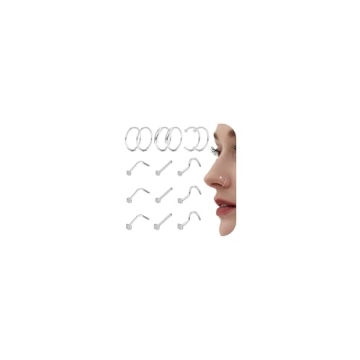 FINREZIO 15PCS 22G 20G 18G Surgical Steel Nose Rings Hoop Studs Cartilage Earrings Body Piercing Jew...