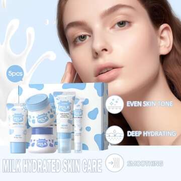 Sulily Milk Hydrated Skin Care Set,Travel Essentials Mini Cleansing,Eye Care,Moisturizing Cream,Sunscreen,Face Cream for Hydrating Skin,Vegan & Cruelty-Free Facial kit