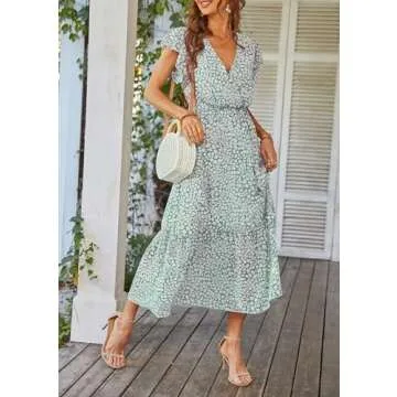 PRETTYGARDEN Women's 2024 Floral Boho Dress Wrap V Neck Short Sleeve Belted Ruffle Hem A-Line Flowy Maxi Dresses (Green_01,Small)