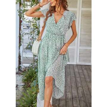 PRETTYGARDEN Women's 2024 Floral Boho Dress Wrap V Neck Short Sleeve Belted Ruffle Hem A-Line Flowy Maxi Dresses (Green_01,Small)