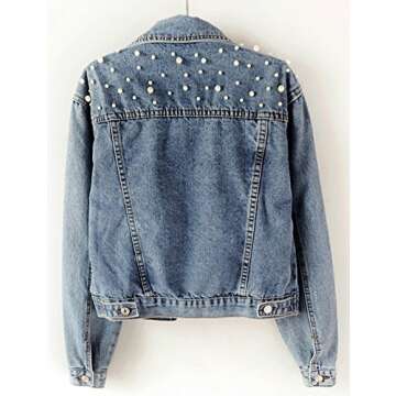 LifeShe Women's Embroidered Pearl Denim Jean Jacket Coat