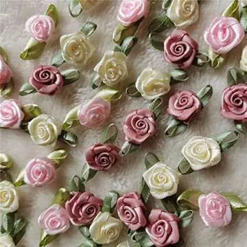 100pcs 15mm Multicoloured Mini Rose Flowers Satin Ribbon Bows Appliques DIY Sewing Craft Accessories Wedding Bride Gift Decoration