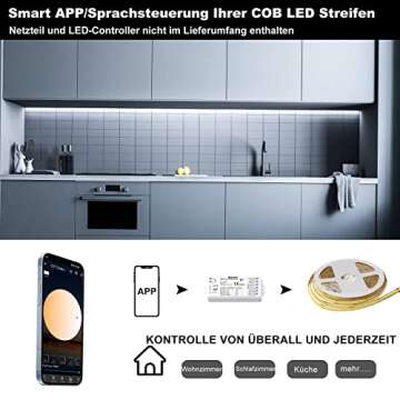 GIDEALED 24V COB LED Strip Light 6000K 2400 LEDs Super Bright White LED Strip Lights,CRI 90 Flexible FCOB LED Strip for Under Cabinet Ambiance Lighting,Cool White LED Strip Lights 16.4ft Only