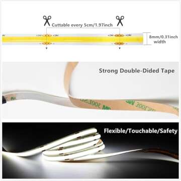 GIDEALED 24V COB LED Strip Light 6000K 2400 LEDs Super Bright White LED Strip Lights,CRI 90 Flexible FCOB LED Strip for Under Cabinet Ambiance Lighting,Cool White LED Strip Lights 16.4ft Only