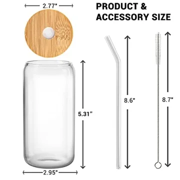 Combler 16 oz Reusable Drinking Glasses Set with Lids Straws