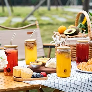 Combler 16 oz Reusable Drinking Glasses Set with Lids Straws