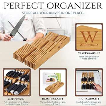 W Selections Bamboo Knife Drawer Organizer Insert - Kitchen Storage Holder for [14~20 Knives & 1~2 K...