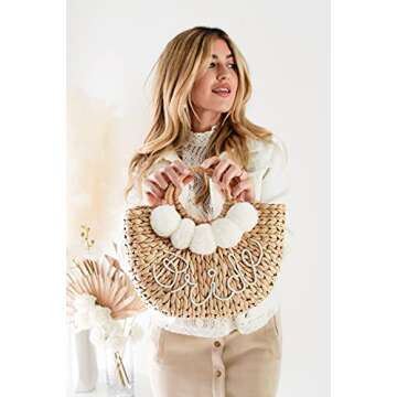 ModParty Bride Straw Purse | Honeymoon Bridal Shower Gift for Bride to Be | Handmade Summer Beach Tote Bag | Bride Bachelorette Party Outfit Essential | Straw Purse & Pom Poms