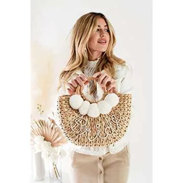 ModParty Bride Straw Purse | Honeymoon Bridal Shower Gift for Bride to Be | Handmade Summer Beach Tote Bag | Bride Bachelorette Party Outfit Essential | Straw Purse & Pom Poms