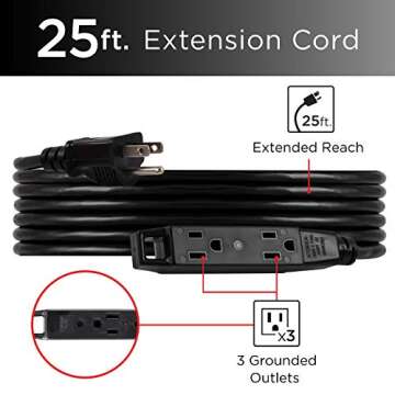 UltraPro 25 Ft Indoor Extension Cords 2 Pack 3 Outlet Extension Cords Outlet Power Strip Long Extens...