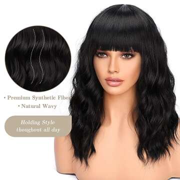 Nnzes Black Wavy Wigs with Bangs Women’s Short Black Bob Wig Synthetic Natural Looking Heat Resist...