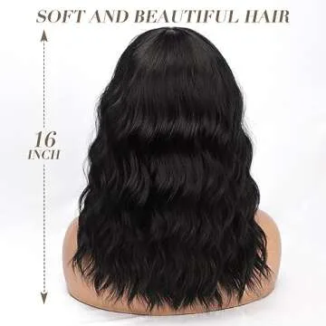 Nnzes Black Wavy Wigs with Bangs Women’s Short Black Bob Wig Synthetic Natural Looking Heat Resistant Fiber Hair