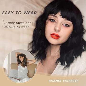 Nnzes Black Wavy Wigs with Bangs Women’s Short Black Bob Wig Synthetic Natural Looking Heat Resistant Fiber Hair