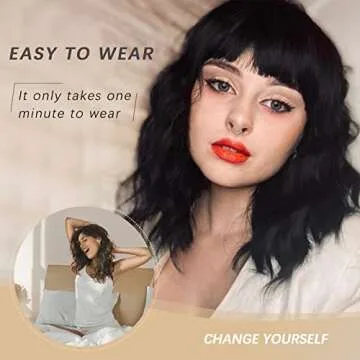 Nnzes Black Wavy Wigs with Bangs Women’s Short Black Bob Wig Synthetic Natural Looking Heat Resistant Fiber Hair