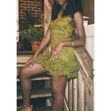 Tcremisa Women's V Neck Crochet Dress Ruffle Layer Hem Backless Bodycon Short Mini Pullover Knit Dresses Green