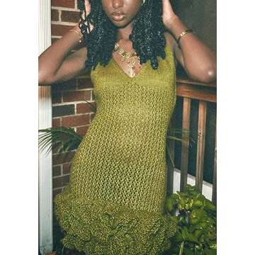 Tcremisa Women's V Neck Crochet Dress Ruffle Layer Hem Backless Bodycon Short Mini Pullover Knit Dresses Green