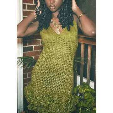 Tcremisa Women's V Neck Crochet Dress Ruffle Layer Hem Backless Bodycon Short Mini Pullover Knit Dresses Green